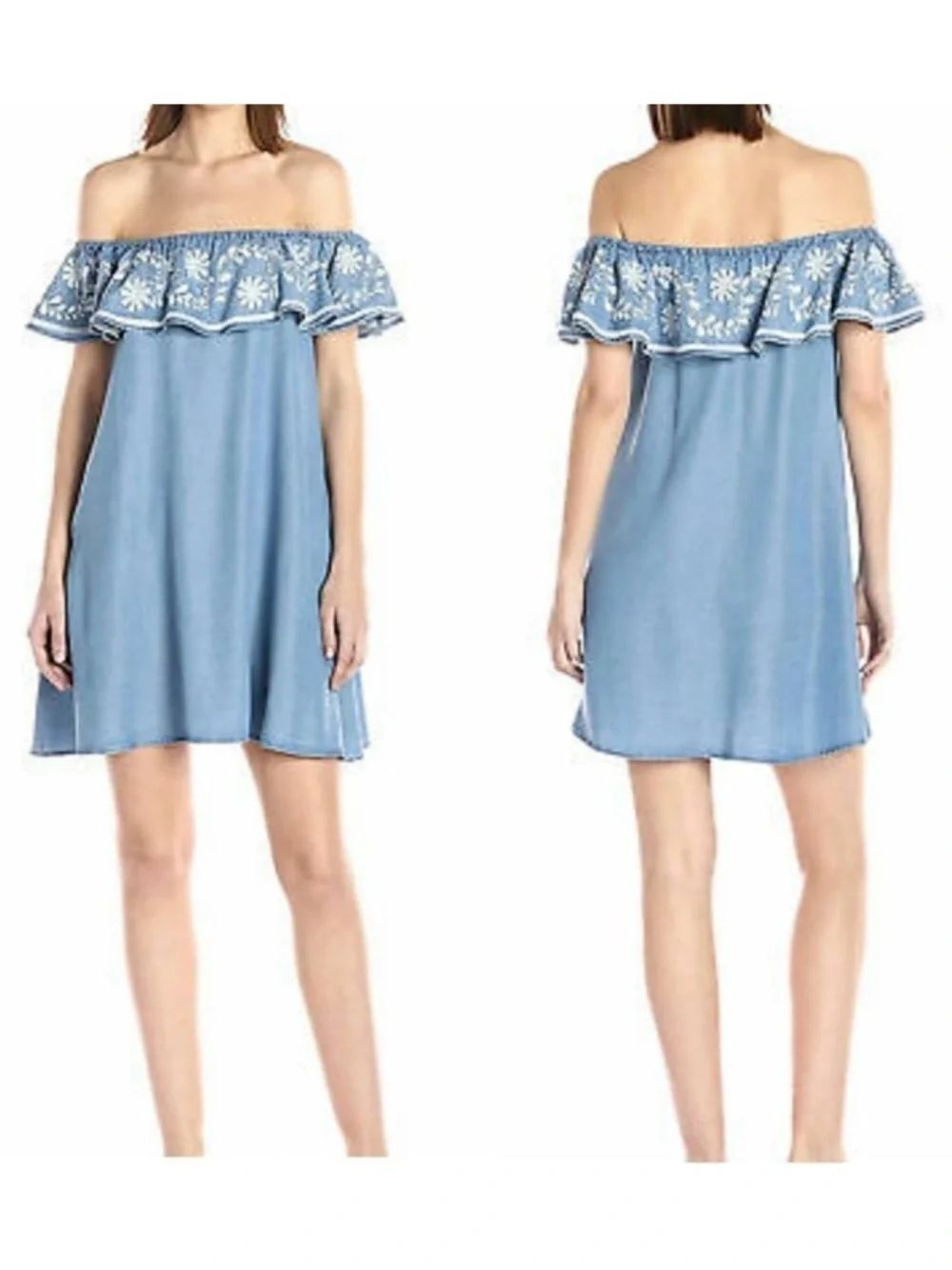 REBECCA MINKOFF Dev Off Shoulder Chambray Lyocell Embroidered Dress M